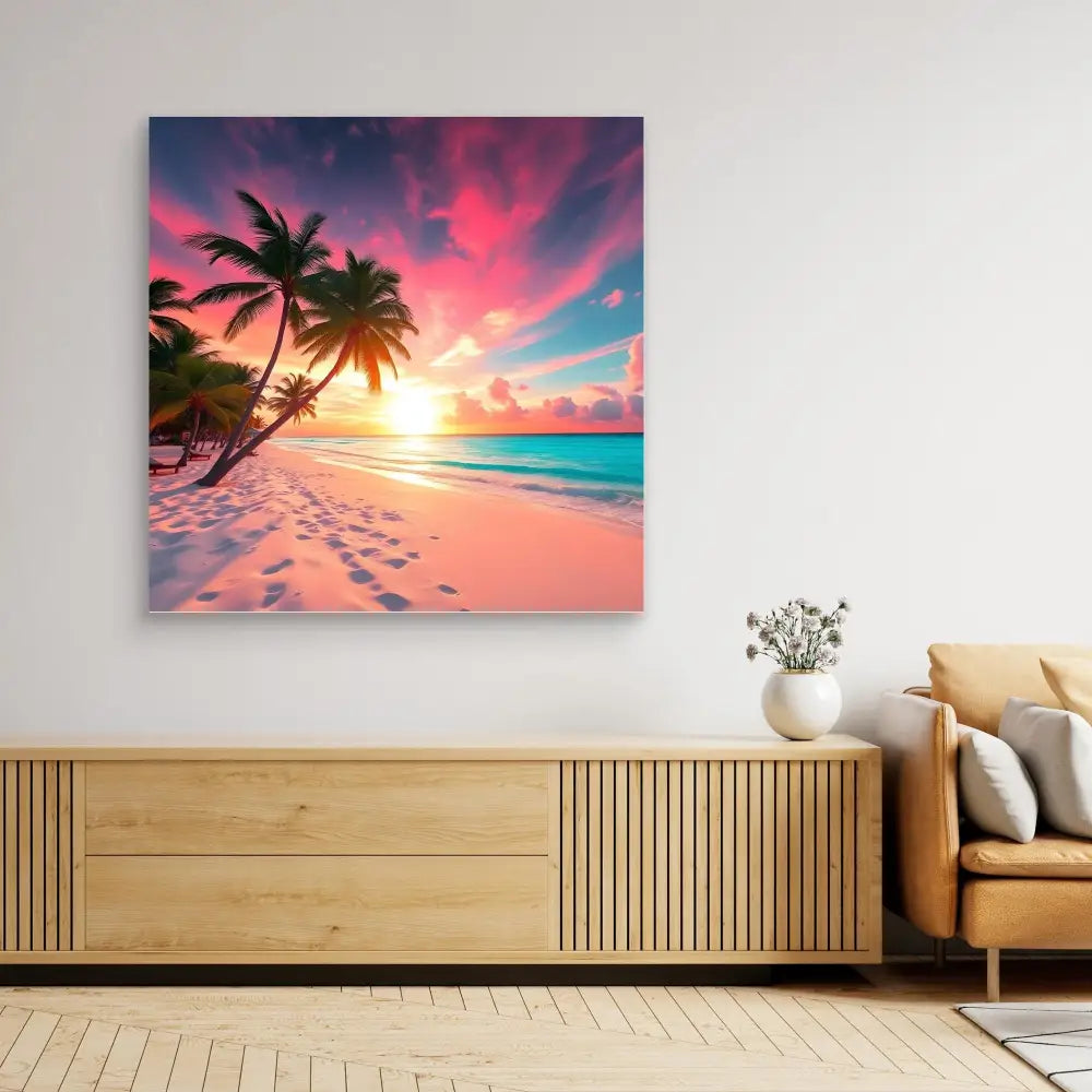 Vibrant tropical beach sunset canvas print featuring palm trees and pink-orange skies.