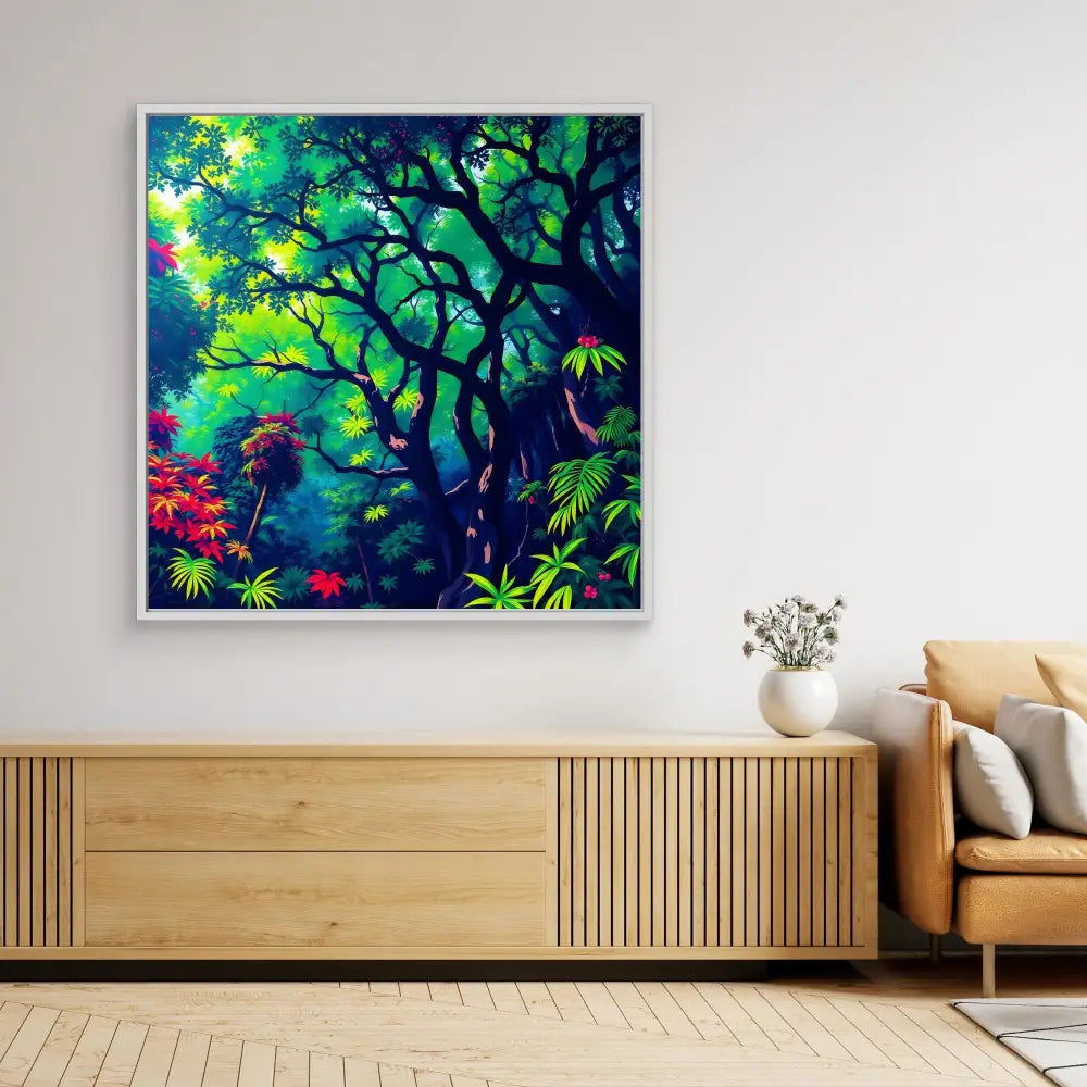 Vibrant tropical forest artwork with dark tree silhouettes and colorful foliage.