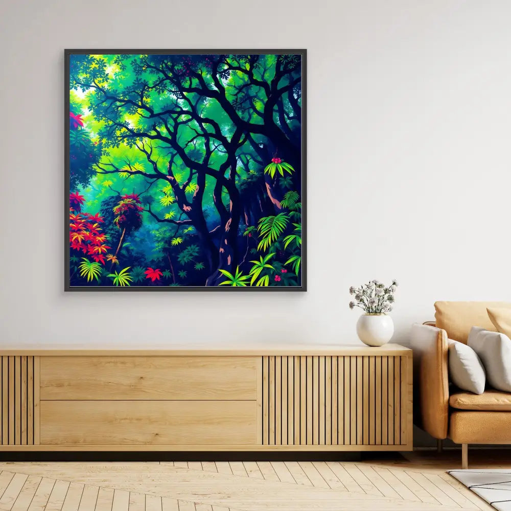 Vibrant tropical forest painting with dark tree silhouettes and colorful foliage.