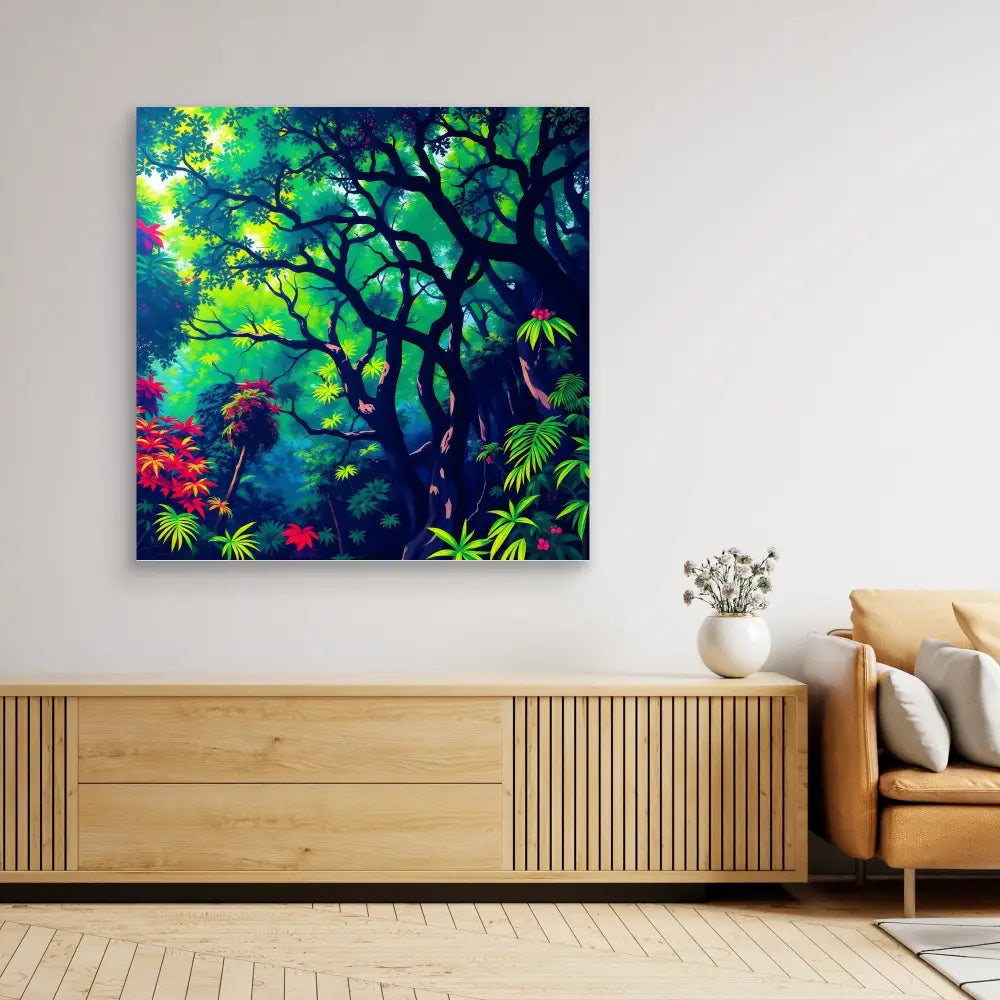 Vibrant tropical forest painting with dark tree silhouettes and colorful foliage.