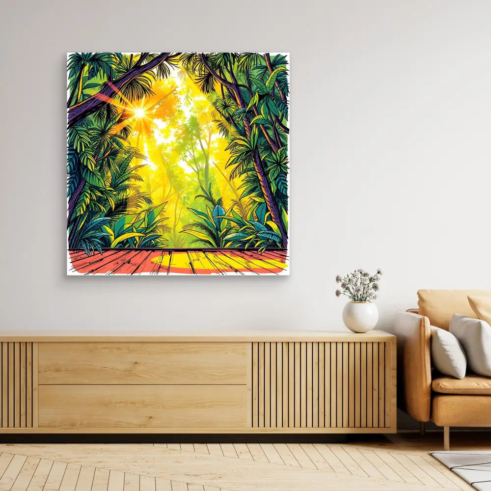 Vibrant tropical forest painting with sunlight streaming through palm fronds onto a wooden deck.