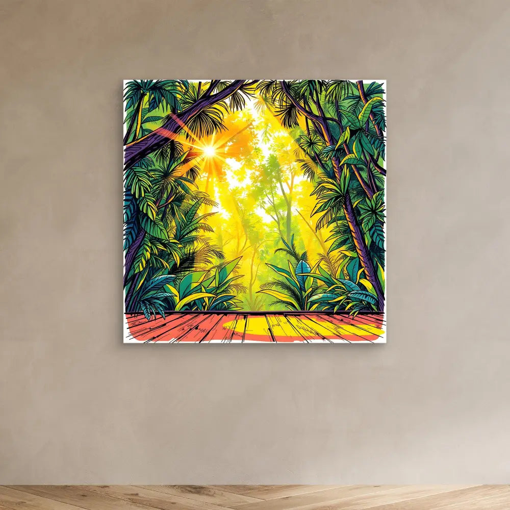 Vibrant tropical forest painting with sunlight streaming through palm fronds onto a wooden deck.