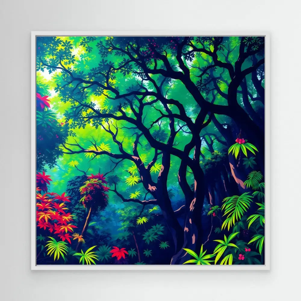 Vibrant tropical forest scene with intertwining dark tree branches against turquoise and blue hues.