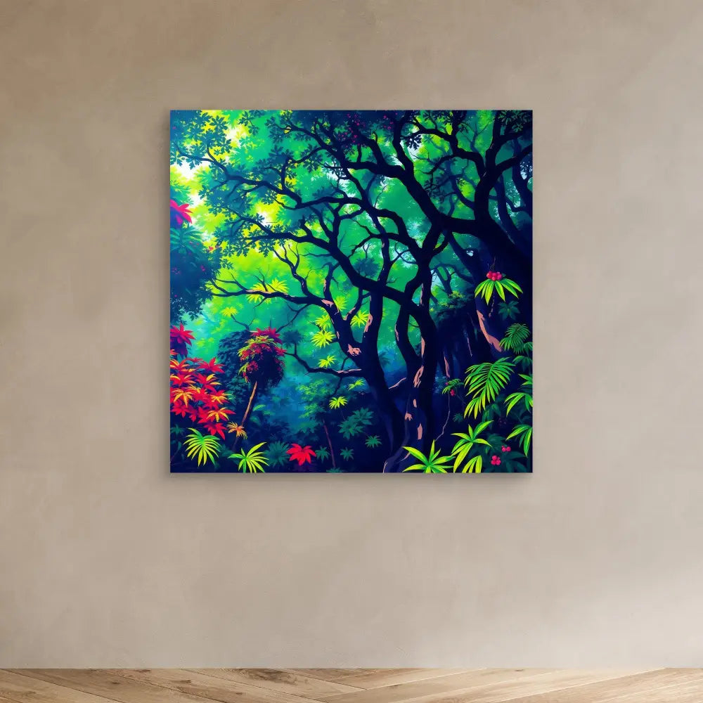 Vibrant tropical forest scene with dark twisted branches and colorful foliage.