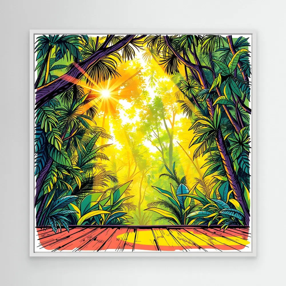 Vibrant tropical forest scene with palm trees framing a wooden deck at sunset.