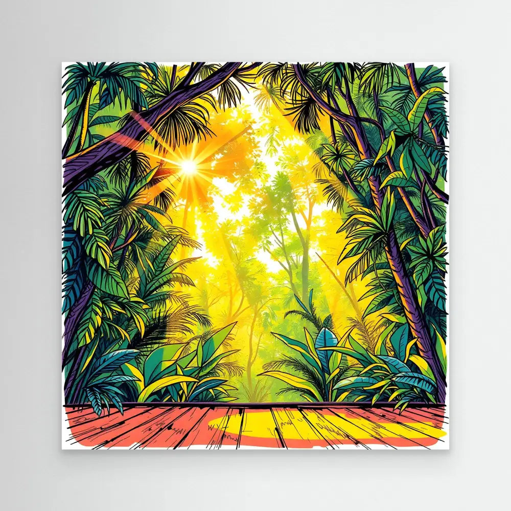 Vibrant tropical forest scene with sunlight streaming through palm fronds onto a wooden deck.