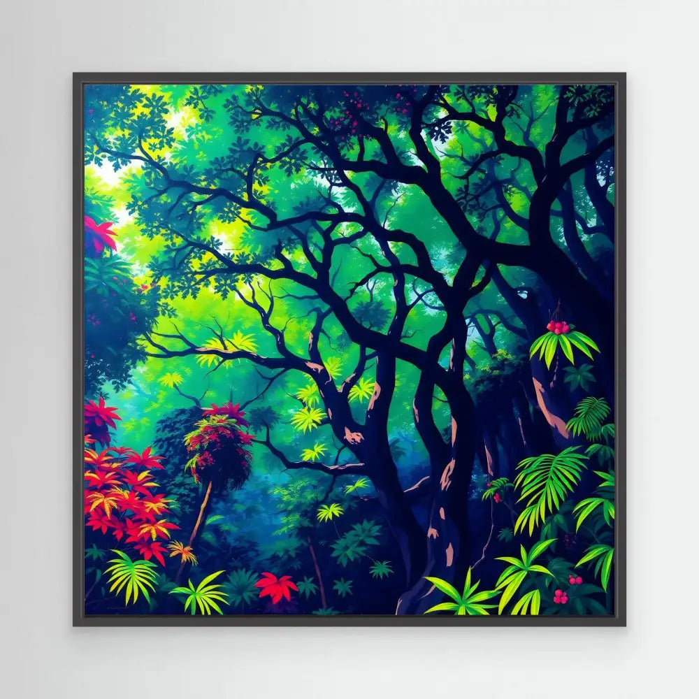 Vibrant tropical forest scene with intertwining tree branches and colorful foliage in blues and greens.