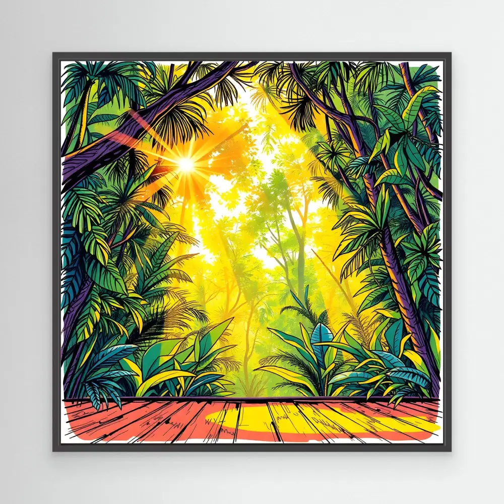 Vibrant tropical forest scene viewed through a wooden deck frame.