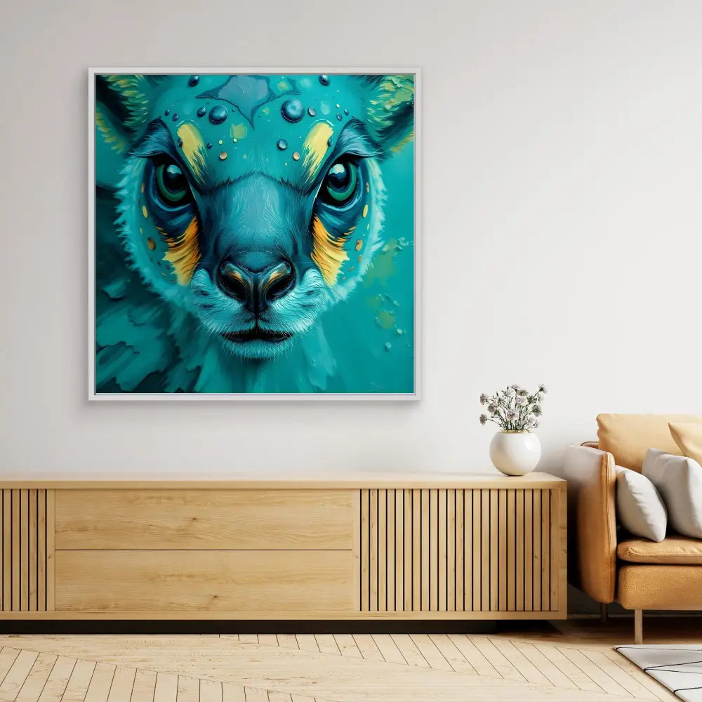 Vibrant turquoise cheetah portrait with yellow accents and intense eyes.