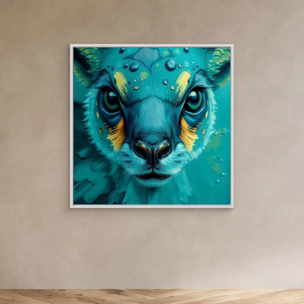 Vibrant turquoise deer face with yellow accents and piercing blue eyes.