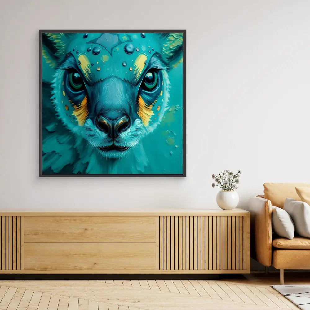 Vibrant turquoise and yellow painting of a big cat’s face with intense eyes.