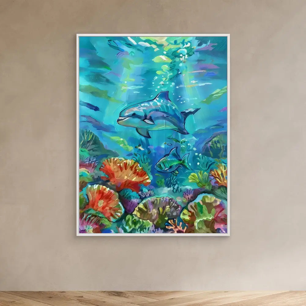 Vibrant underwater painting featuring dolphins swimming among colorful coral reefs.