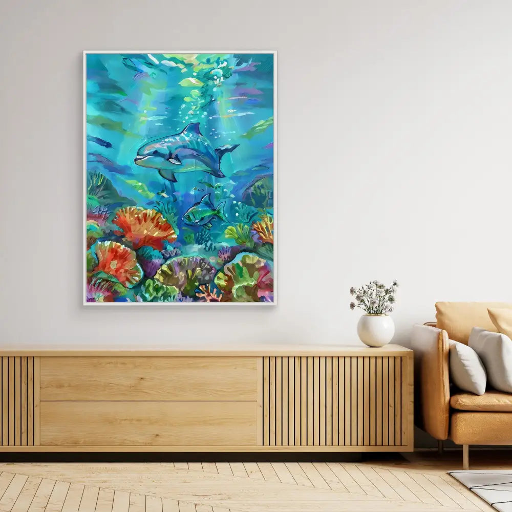 A vibrant underwater painting featuring dolphins swimming among colorful coral reefs.