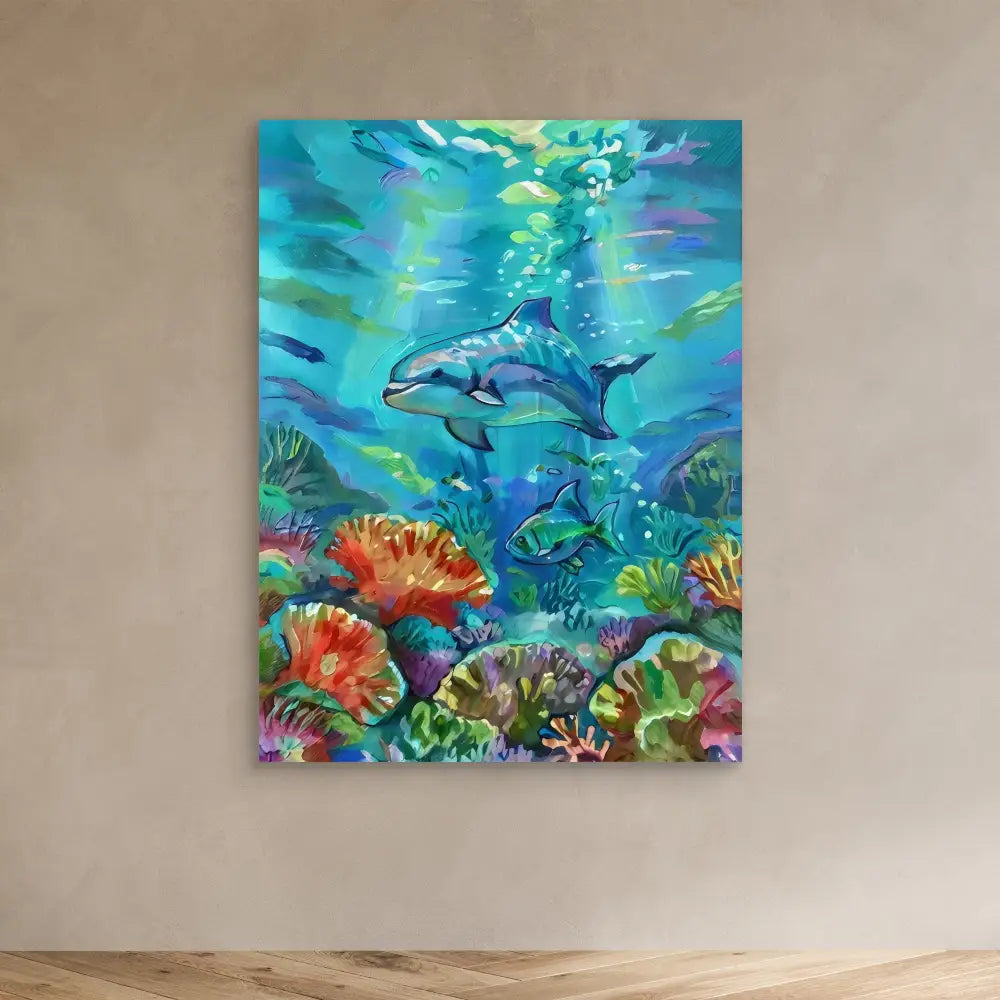 Vibrant underwater painting featuring dolphins swimming among colorful coral reefs.