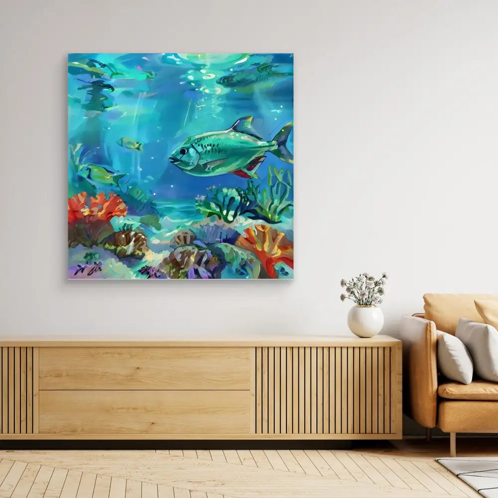 Vibrant underwater painting featuring tropical fish and coral reefs.