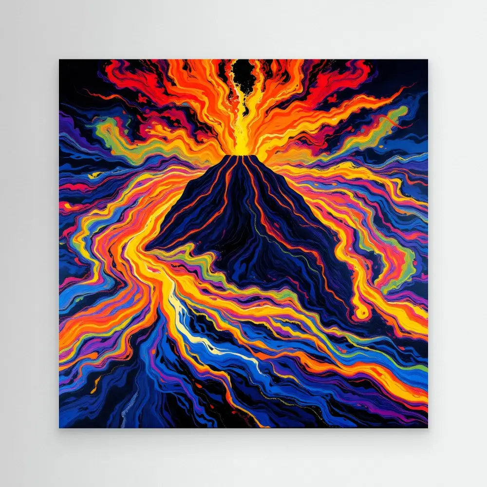 Vibrant volcanic eruption with swirling flames and lava in rainbow colors.