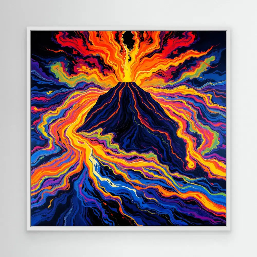 Vibrant volcano erupting with swirling flames and lava in rainbow colors.