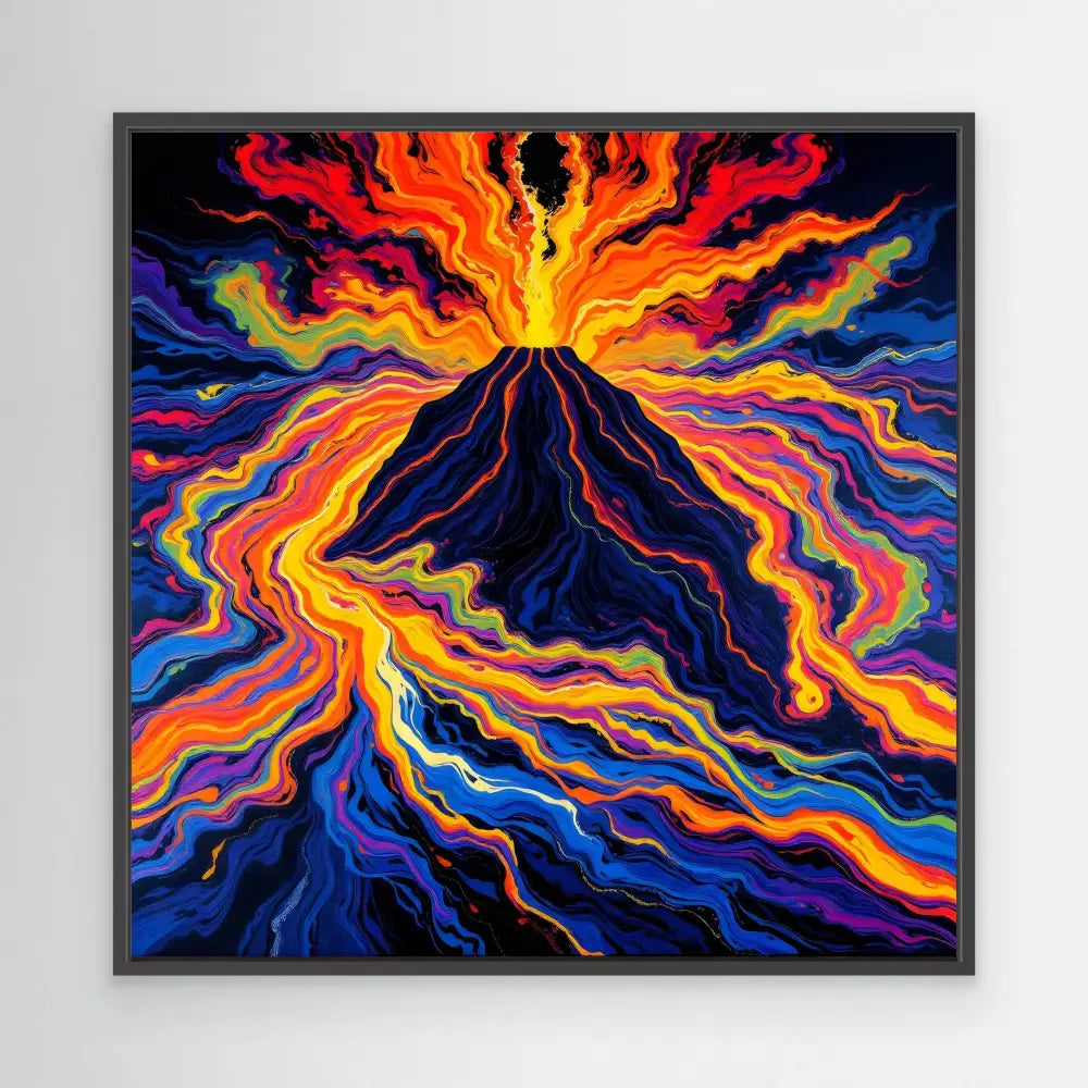 Vibrant, erupting volcano with flowing lava streams in bold orange, red, and blue colors.