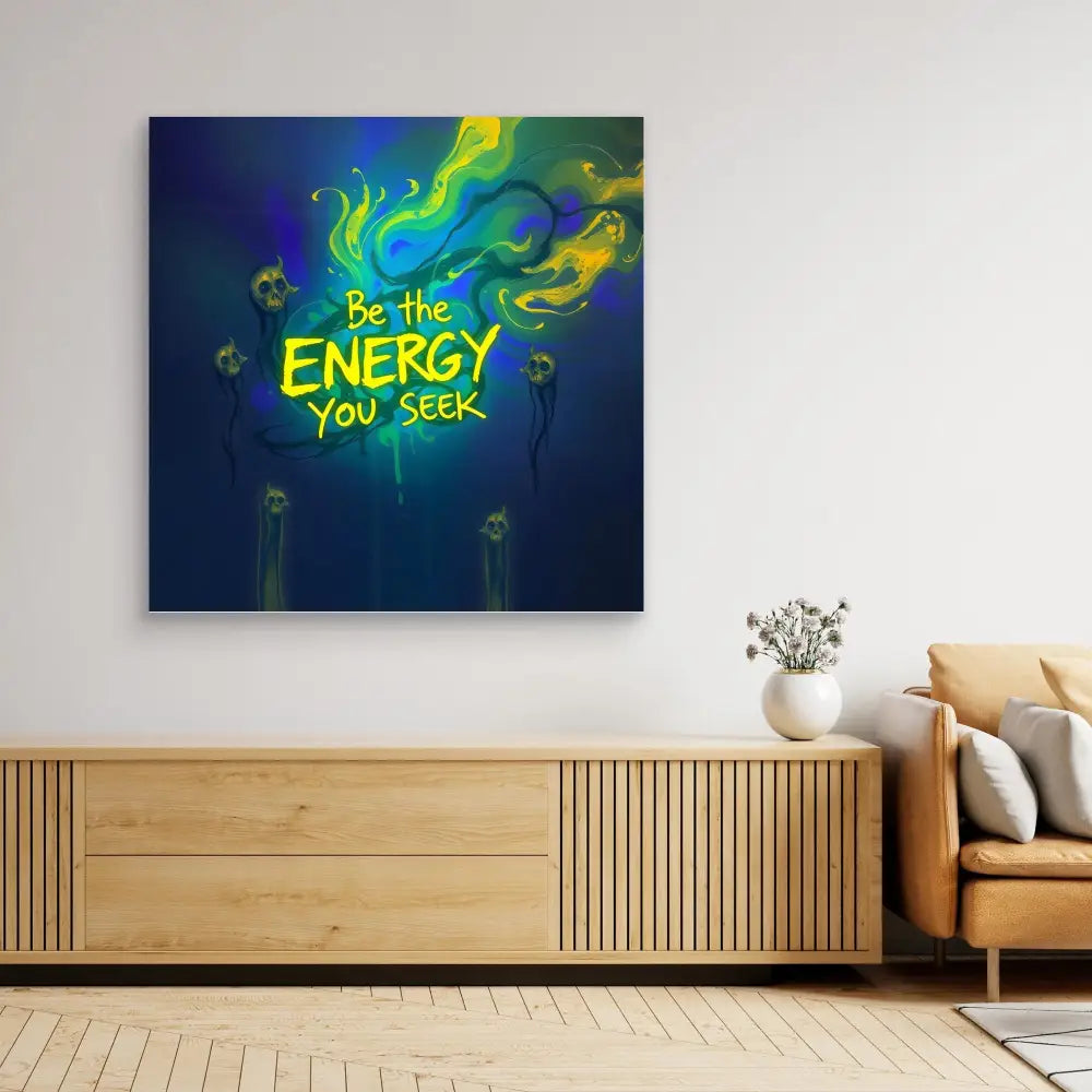 Vibrant wall art featuring swirling blue and yellow energy patterns with text reading ’Be the Energy You Seek’