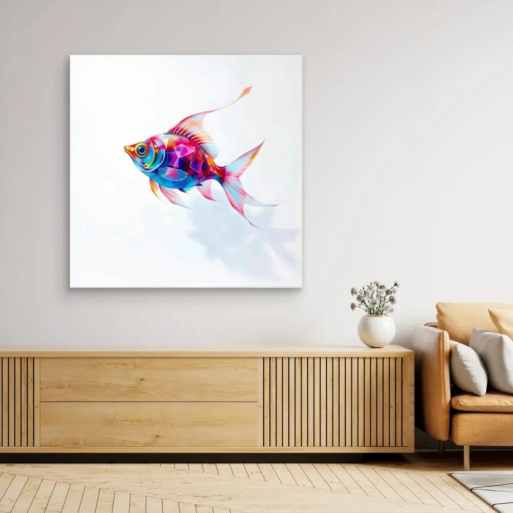 Vibrant watercolor fish with flowing fins in rainbow hues.