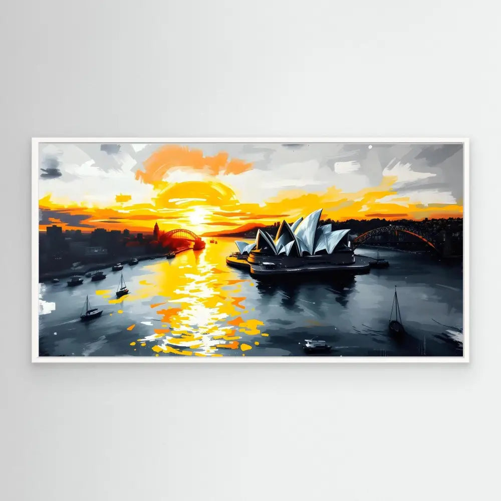 A vibrant watercolor painting of the Sydney Opera House at sunset.