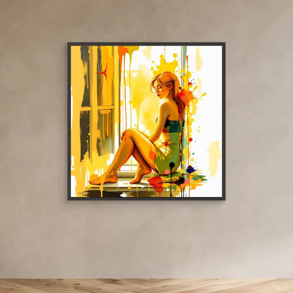 A vibrant watercolor-style painting of a figure sitting by a window in a green dress with splashes of yellow and orange.