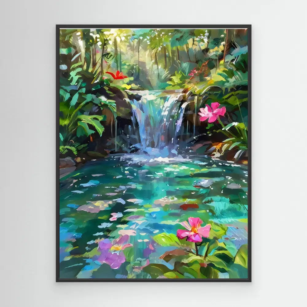 Vibrant waterfall painting with lotus flowers and tropical foliage.