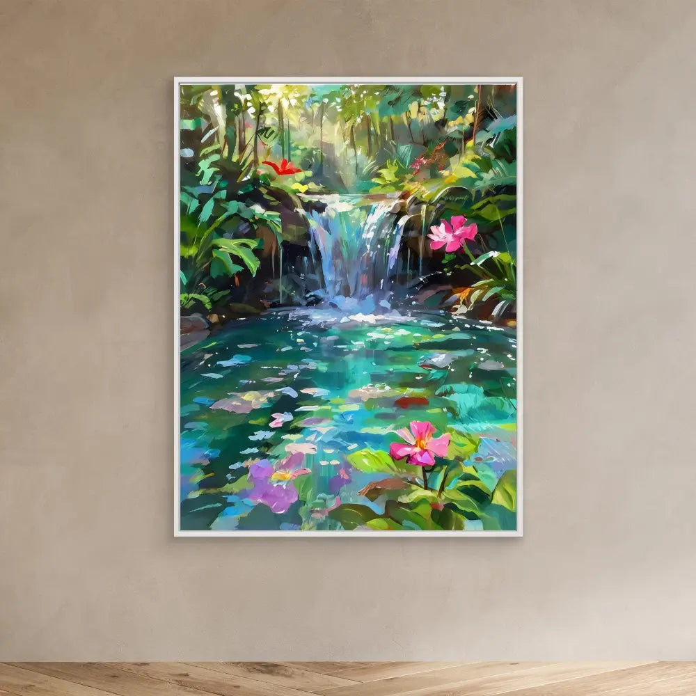 Vibrant waterfall painting featuring pink water lilies and lush tropical foliage.