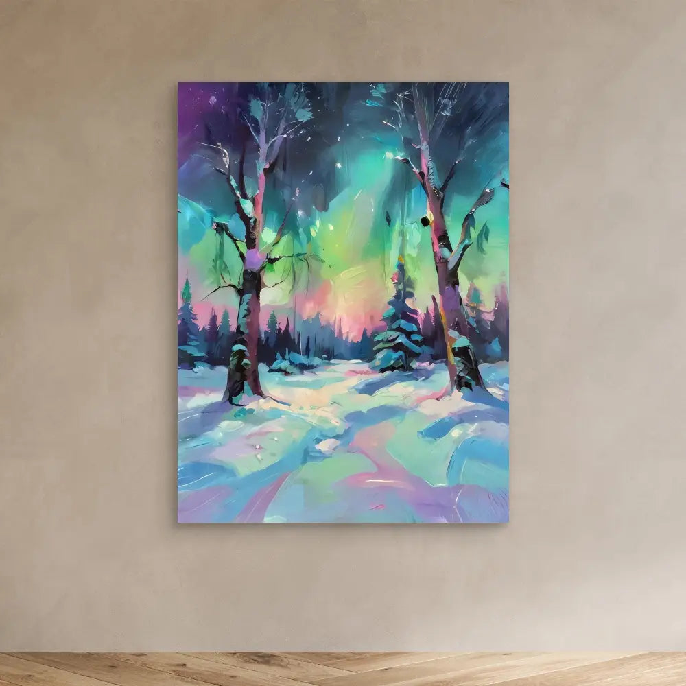 A vibrant winter landscape painting featuring snow-covered birch trees beneath the northern lights.