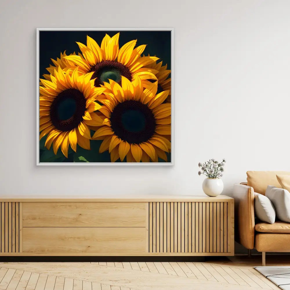 Vibrant yellow sunflowers with dark brown centers in a square frame.