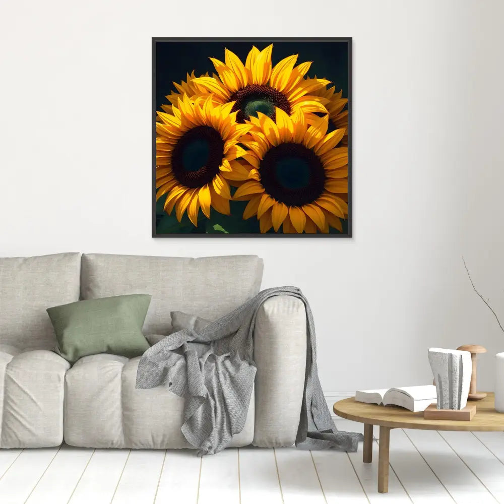 Vibrant yellow sunflowers with dark brown centers in a framed wall art piece.