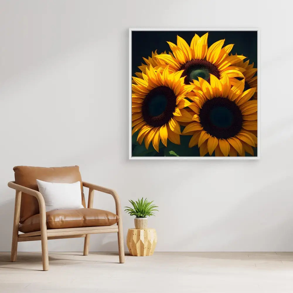 Vibrant yellow sunflowers with dark brown centers in a square frame.