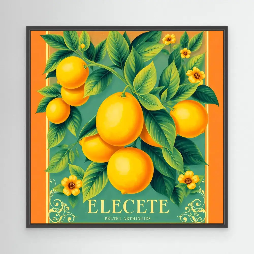 Vintage citrus fruit crate label featuring bright oranges and yellow flowers among green leaves.