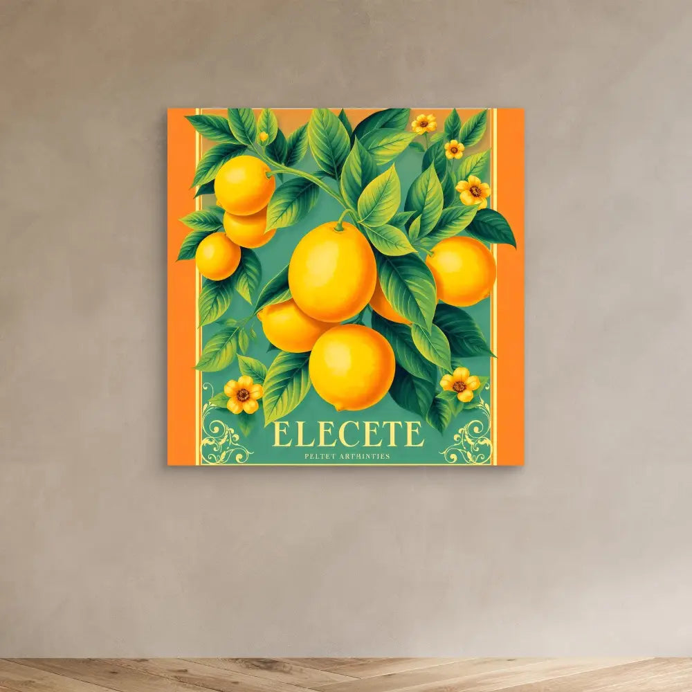 Vintage-style citrus fruit crate label featuring bright oranges with green leaves and yellow flowers on an orange border.