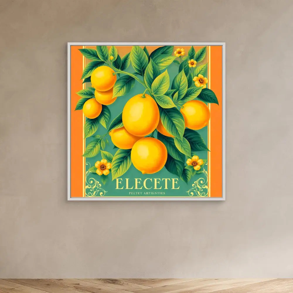 Vintage-style citrus fruit crate label featuring bright oranges and green leaves with yellow flowers on an orange background.