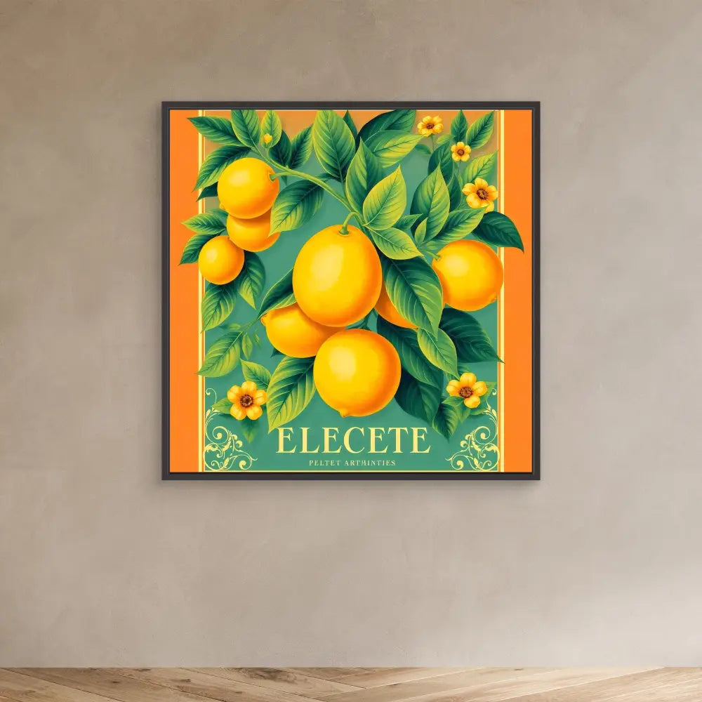 Vintage-style citrus fruit crate label featuring bright oranges and green leaves with yellow flowers.