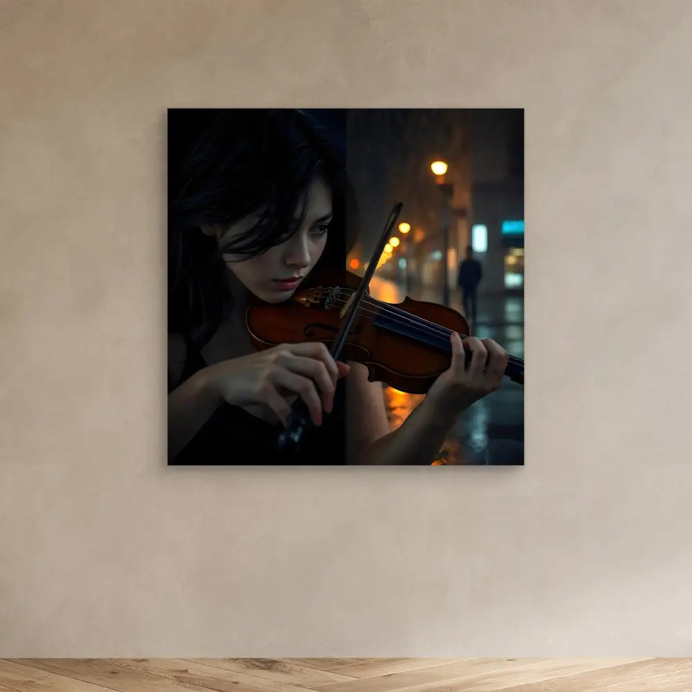 A violin being played at night with city lights glowing behind.