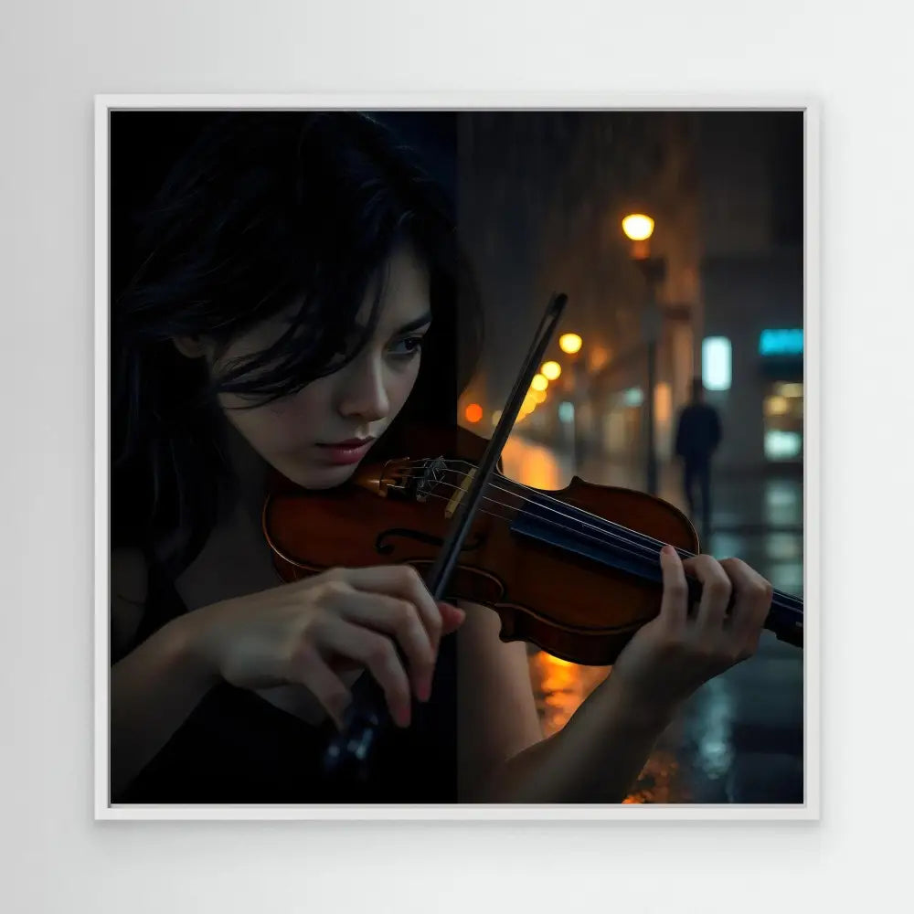 A violin being played at night with city lights in the background.