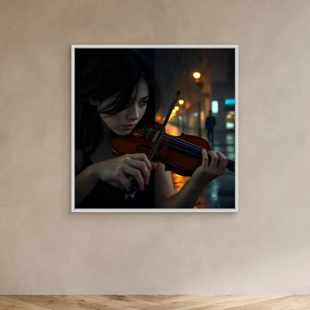 A violin being played at night with city lights in the background.