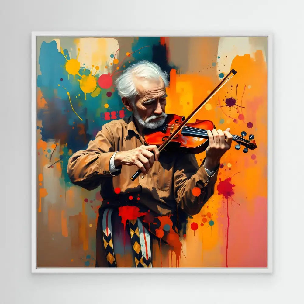 A violinist in a brown coat playing against a colorful abstract backdrop.