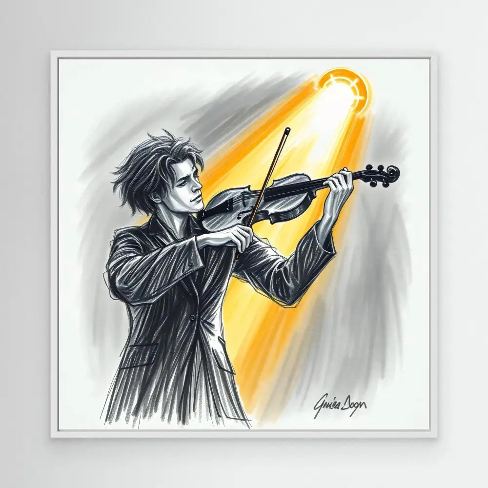 A violinist in a dark coat performing under a golden spotlight.