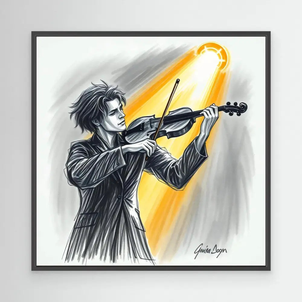 A violinist in a dark coat performing under a golden spotlight.