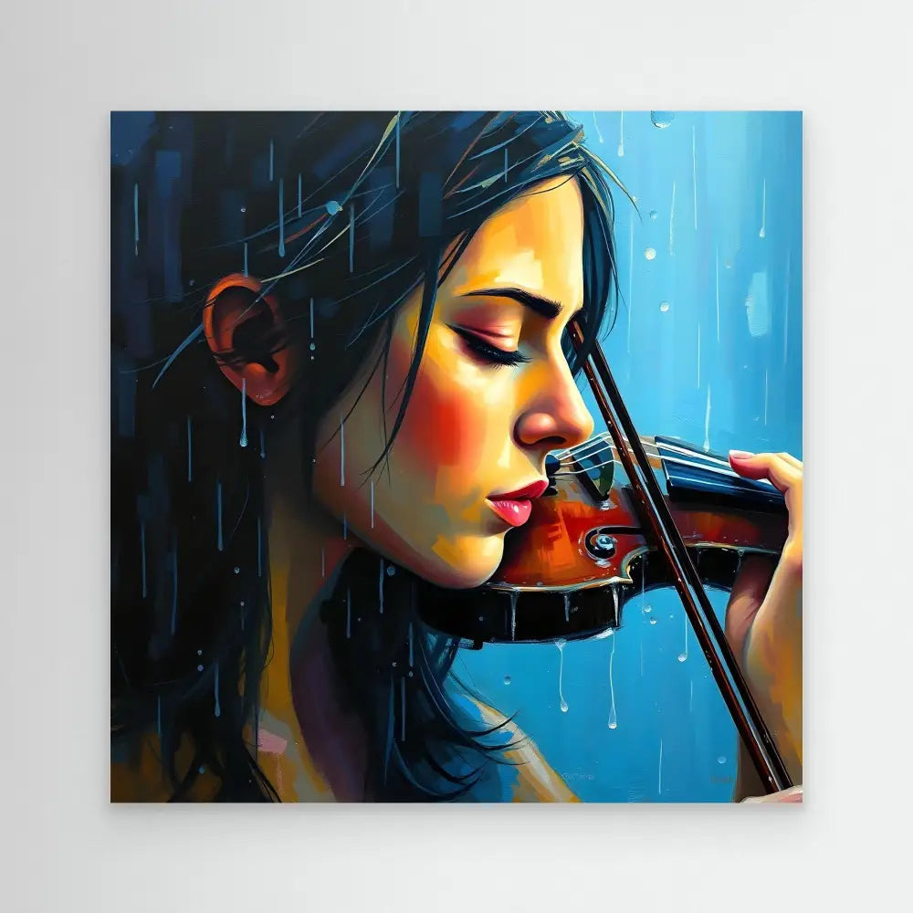 A violinist playing their instrument in the rain with closed eyes.