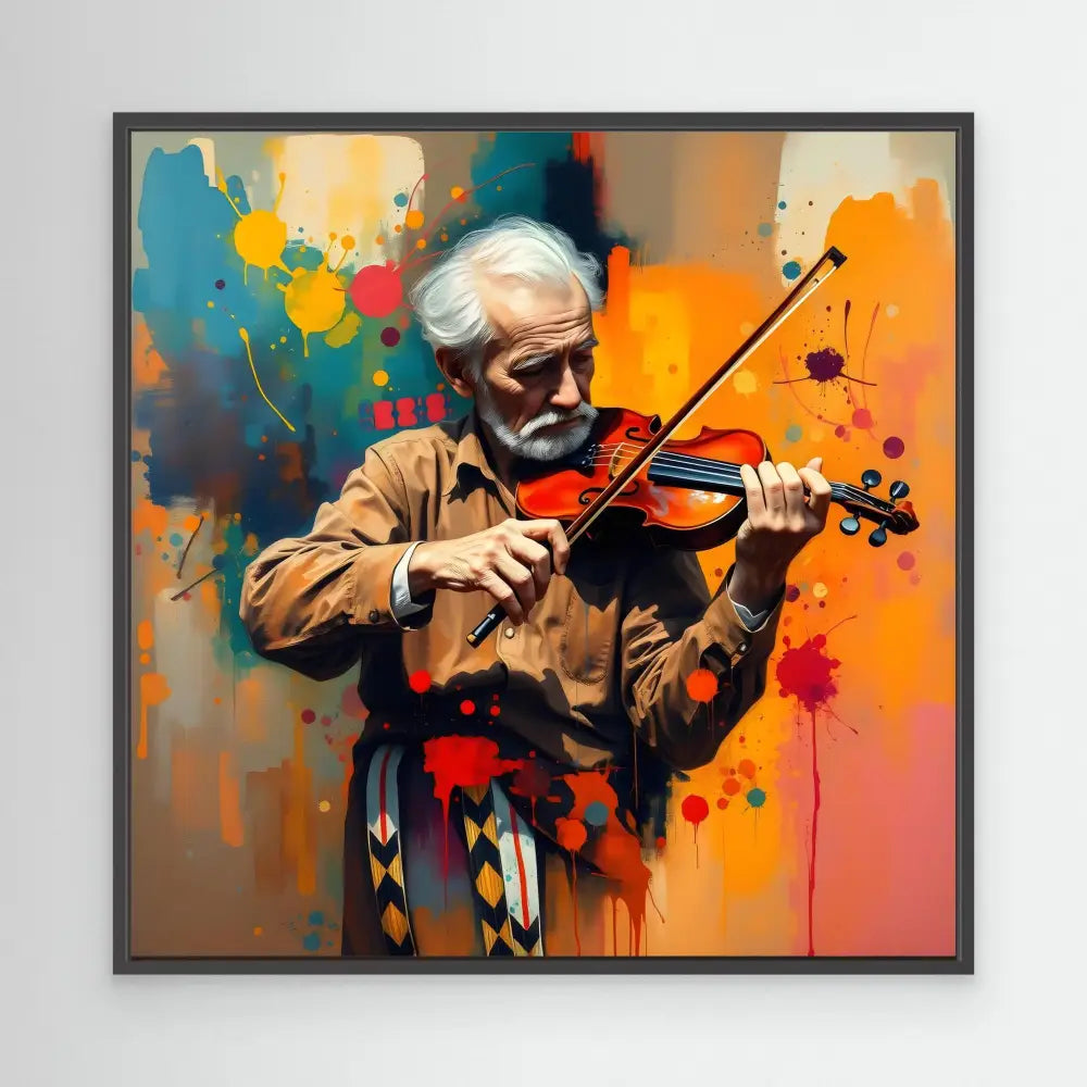 A violinist with white hair and beard playing his instrument against a colorful abstract backdrop.