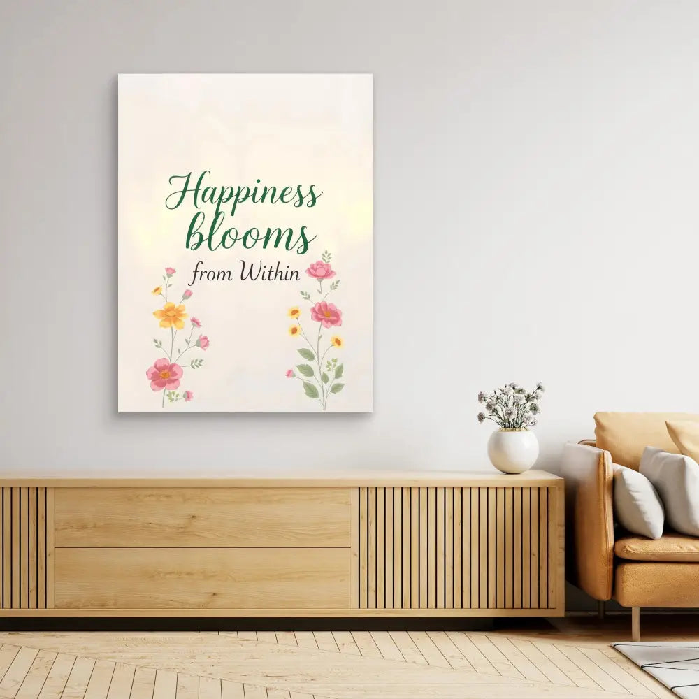 A wall art canvas featuring the quote ’Happiness blooms from within’ with watercolor flowers.