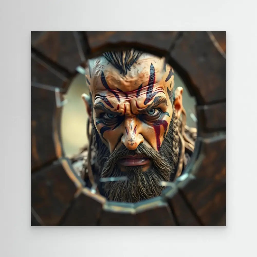 A fierce-looking warrior figure with face paint, a beard, and tribal markings viewed through broken glass.