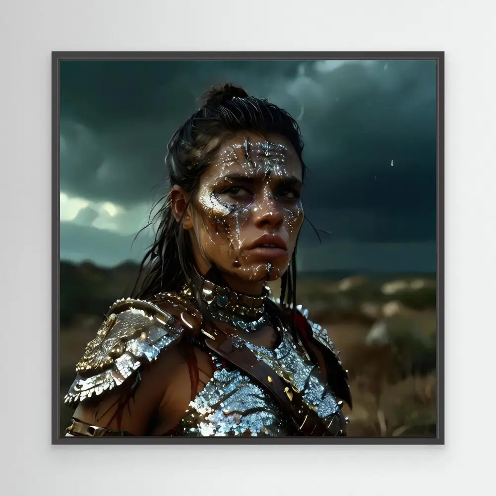 A warrior wearing metallic armor and dramatic face paint against stormy lighting.