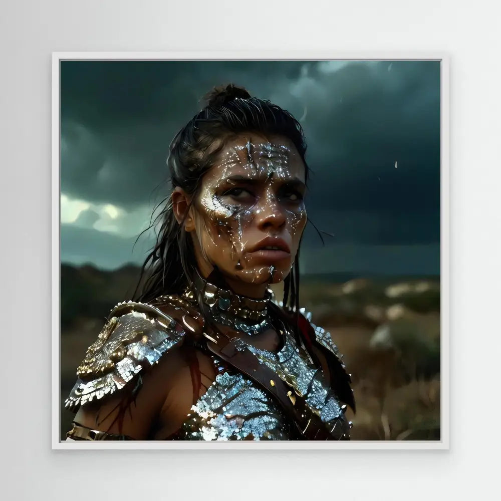 A warrior wearing metallic armor and dramatic tribal face paint against stormy lighting.