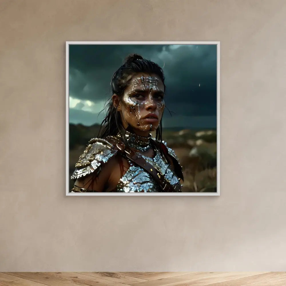 A warrior wearing metallic armor and face paint against a dramatic sky.