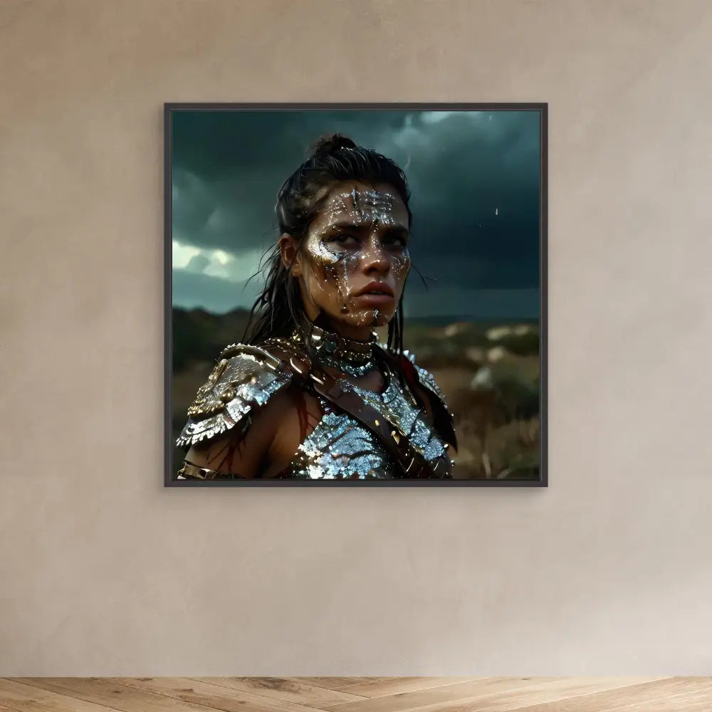 A warrior wearing metallic armor and tribal face paint against a dramatic sky.